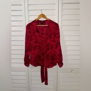 White House Black Market Red Rose Print Blouse